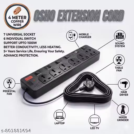 OSHO 7 Socket WITH 6 INDIVIDUAL SWITCH Multi plug Universal Extension Board with 4m copper  Wire & LED indicator