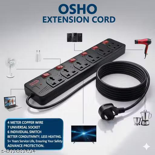 OSHO 7 Socket WITH 6 INDIVIDUAL SWITCH Multi plug Universal Extension Board with 4m copper  Wire & LED indicator